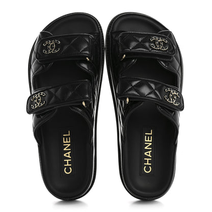 Chanel Lambskin Quilted Velcro Dad Chain CC Slide Sandals 36 Black 2 of 10