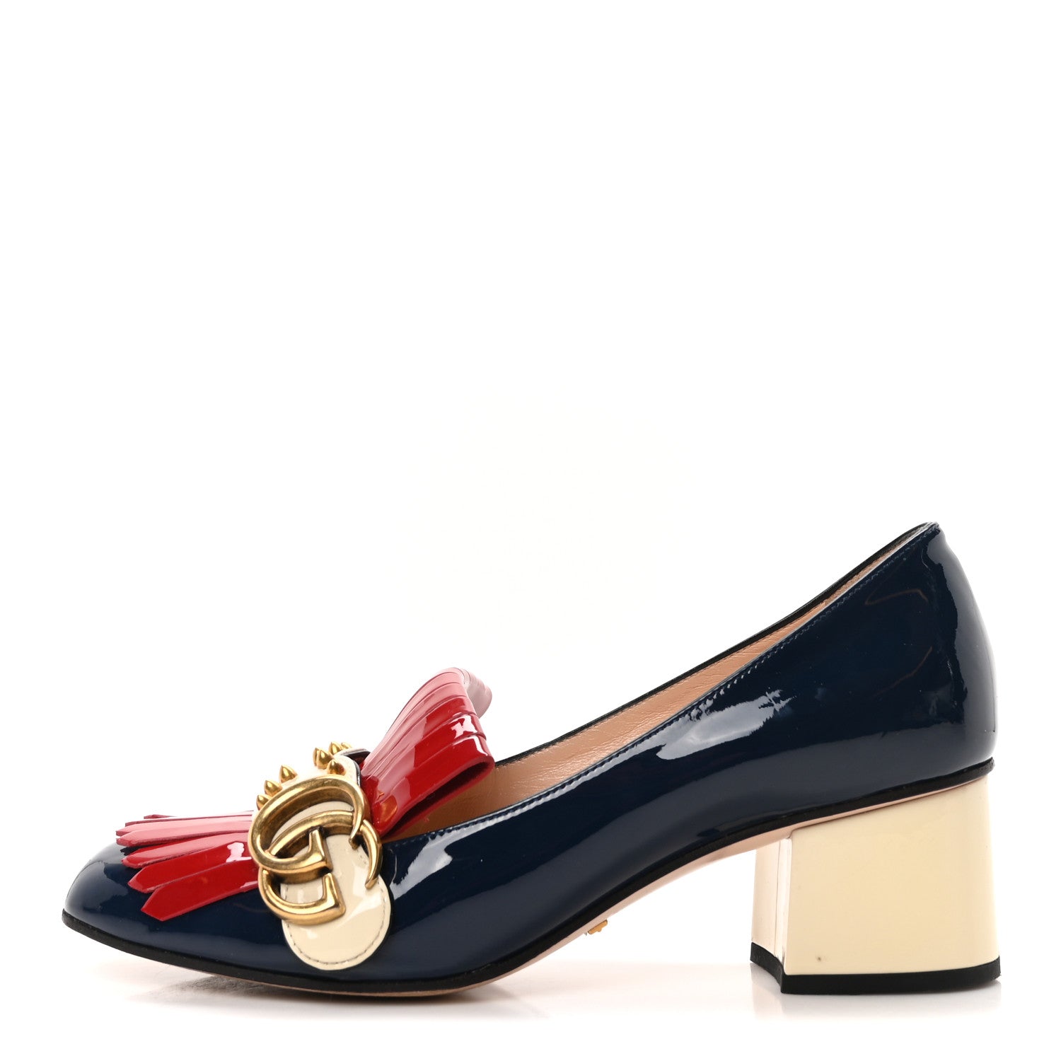 Gucci Vernice Studded GG Marmont Fringe 50mm Loafer Pumps 37.5 Blue Agata Hibiscus Red Mystic White 1 of 9