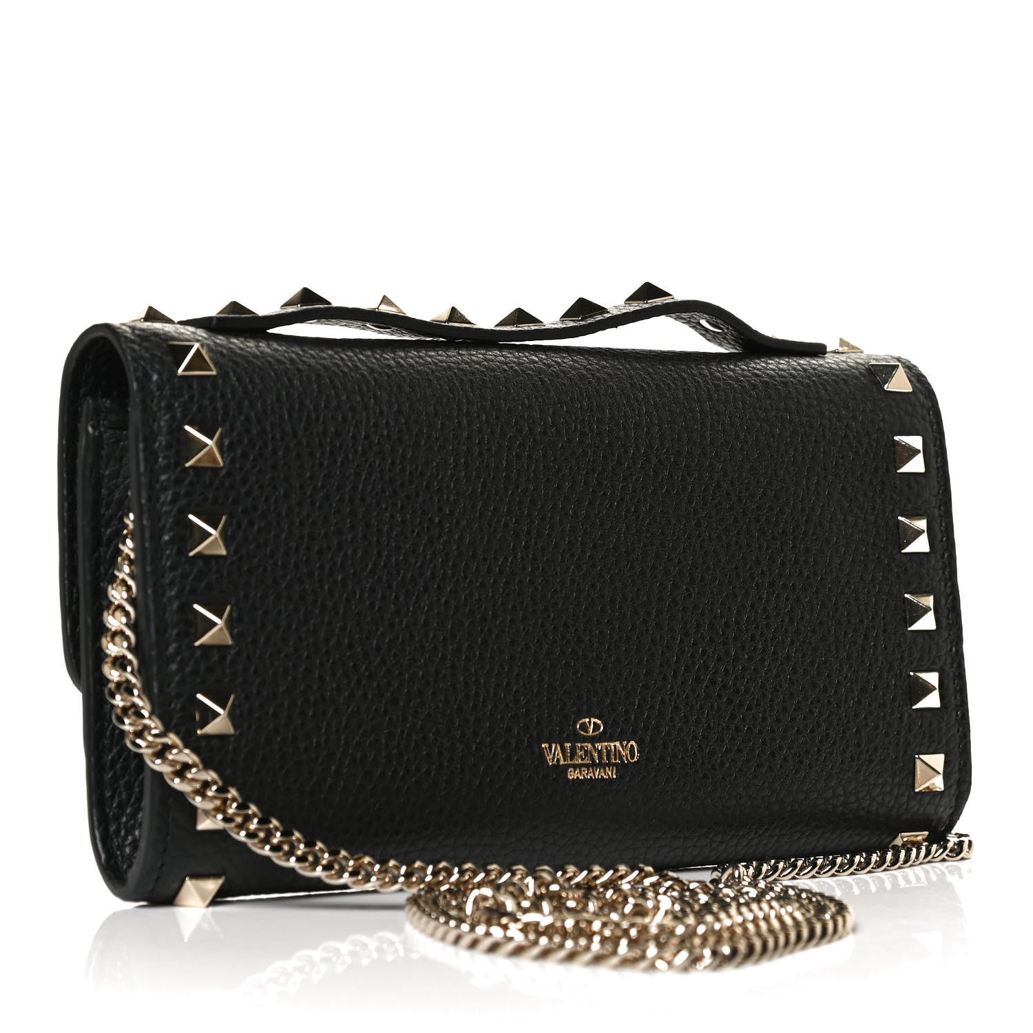 Valentino Garavani Pebbled Calfskin Rockstud Flip Lock Wallet On Chain Black 3 of 14