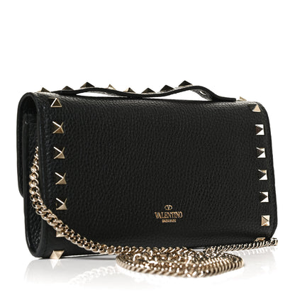 Valentino Garavani Pebbled Calfskin Rockstud Flip Lock Wallet On Chain Black 3 of 14