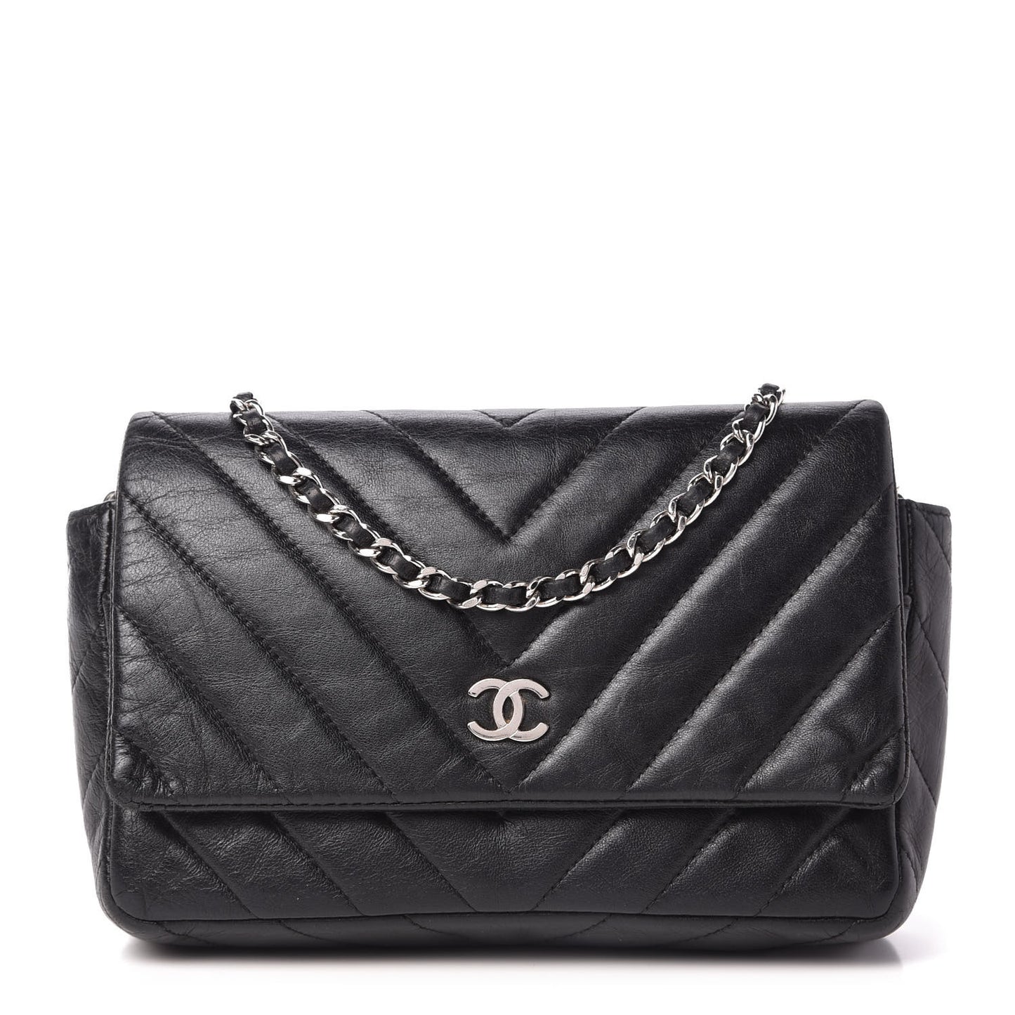 Lambskin Chevron Quilted Wallet On Chain WOC Black