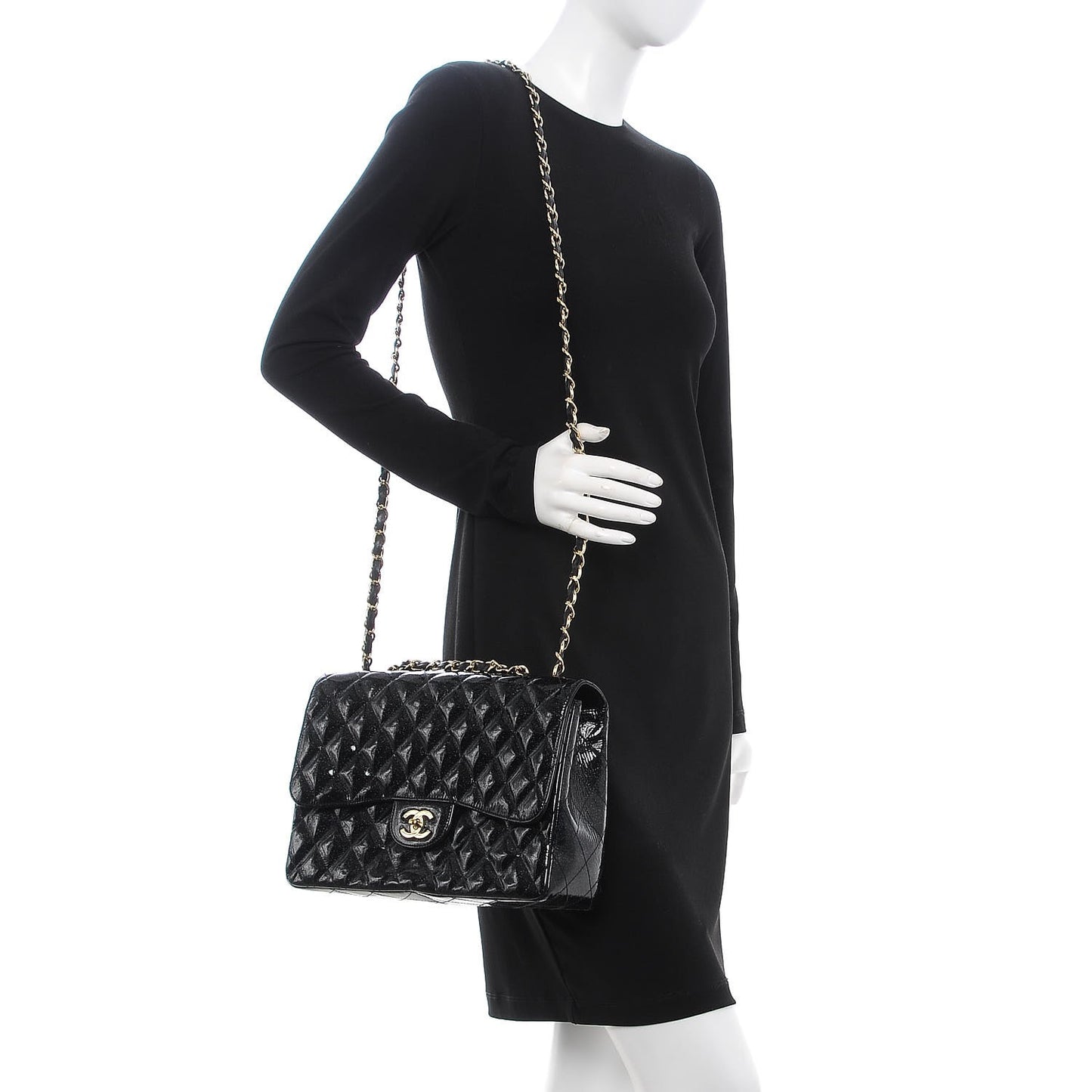 Patent Quilted Sparkle Glitter Jumbo Single Flap Black