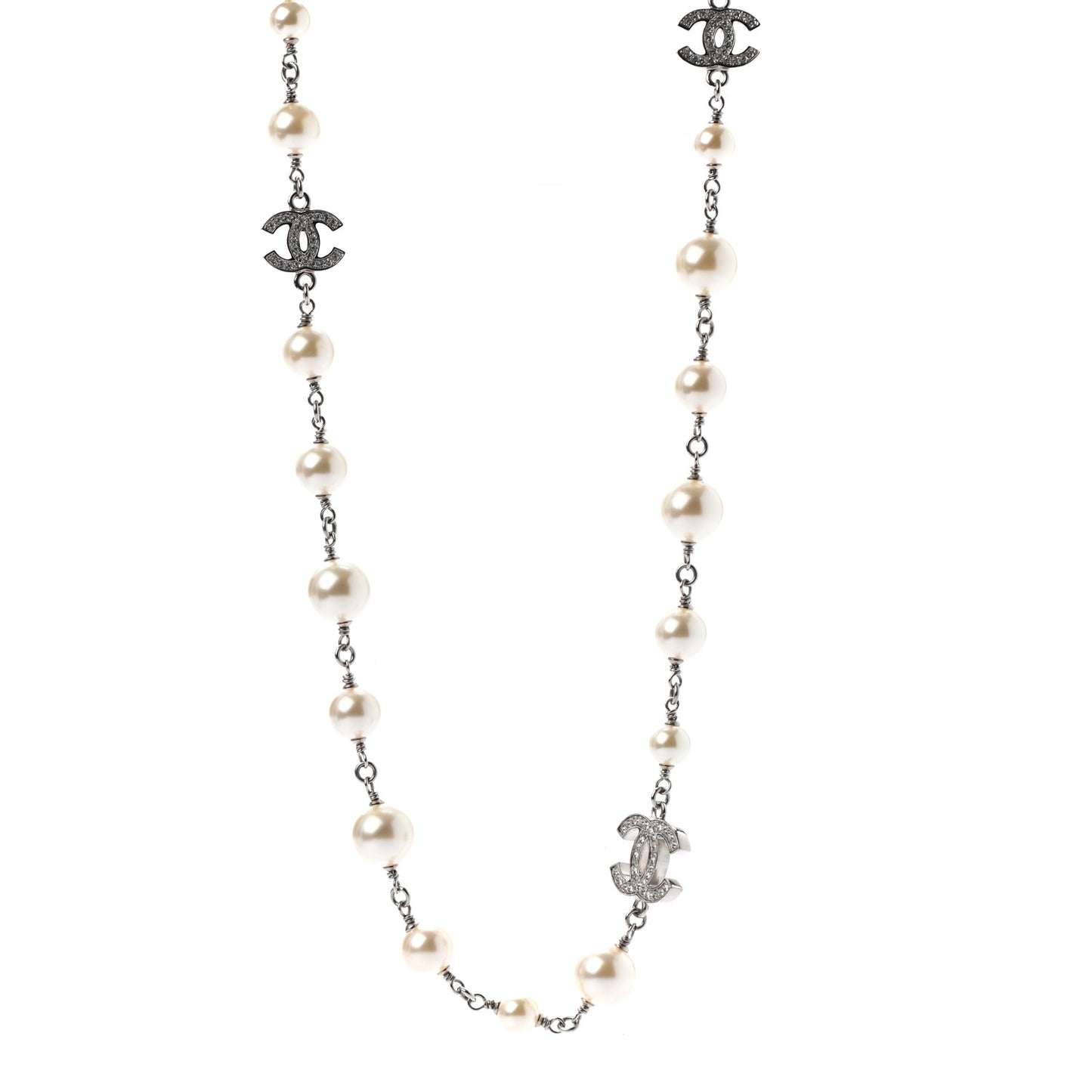 Crystal Pearl CC Long Necklace Silver