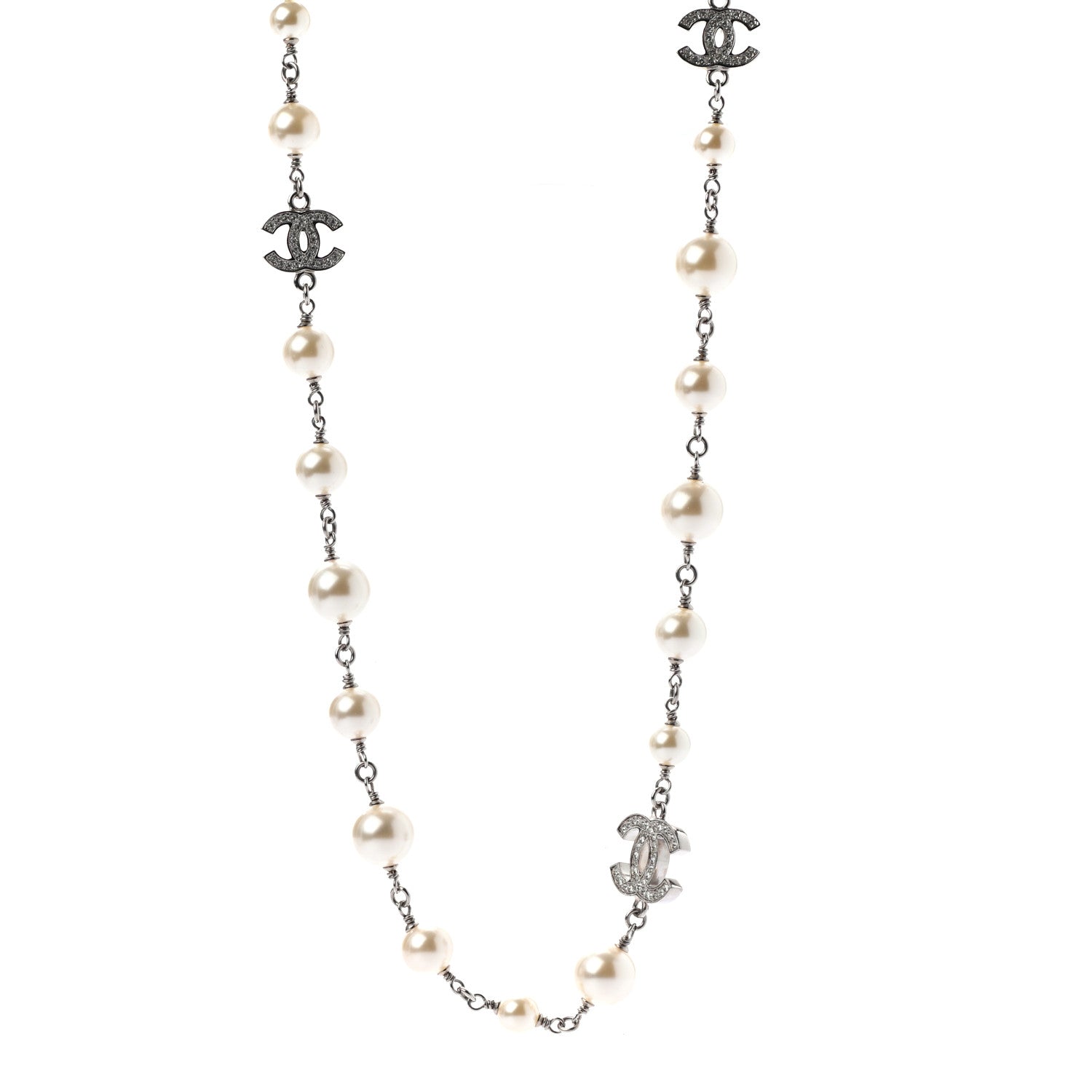 Chanel Crystal Pearl CC Long Necklace Silver 1 of 5