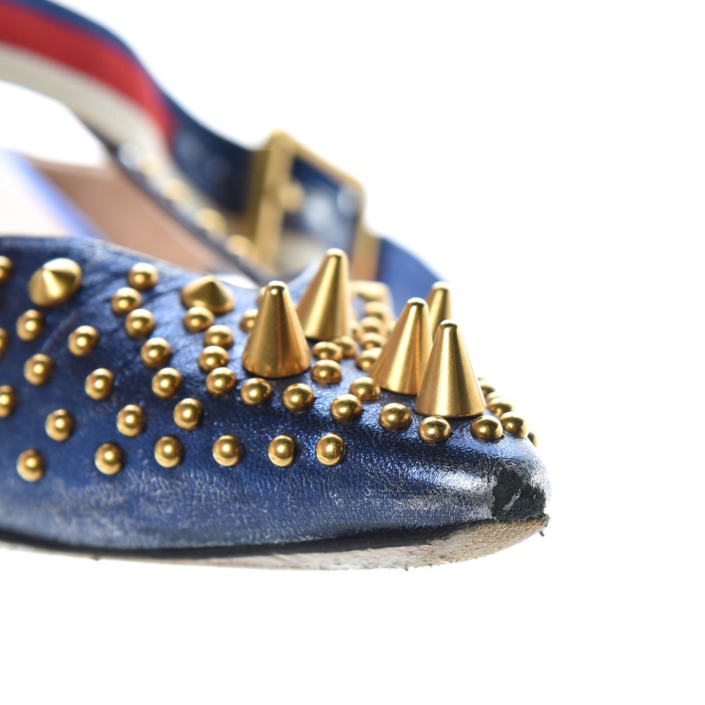 Metallic Nappa Silk Grosgrain Studded Sylvie Web Bamboo Low Heel Pumps 36.5 Sapphire