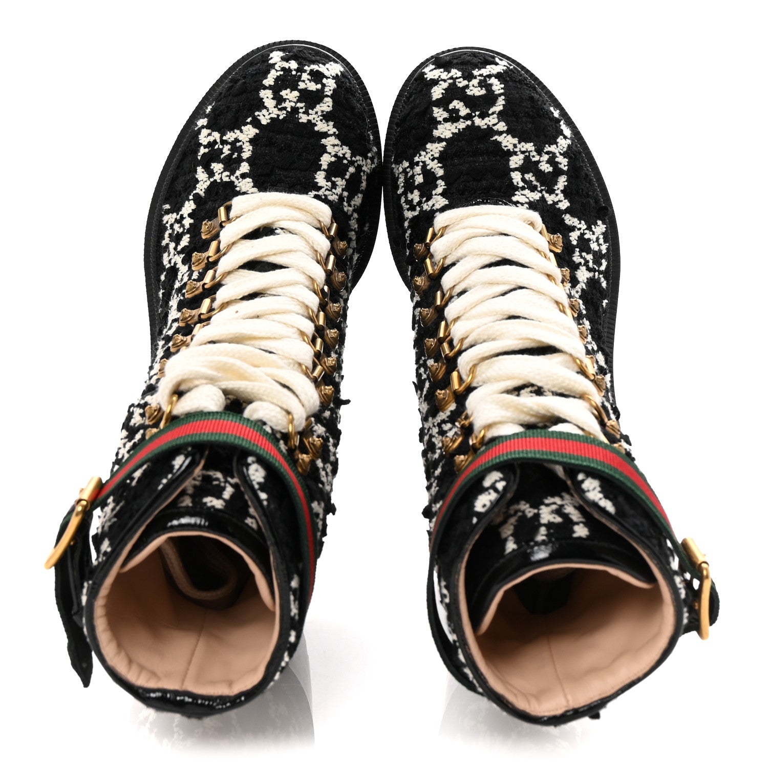 Gucci Tweed GG Monogram Lace Up Combat Ankle Boots 37 Black 2 of 8