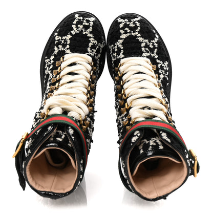 Gucci Tweed GG Monogram Lace Up Combat Ankle Boots 37 Black 2 of 8
