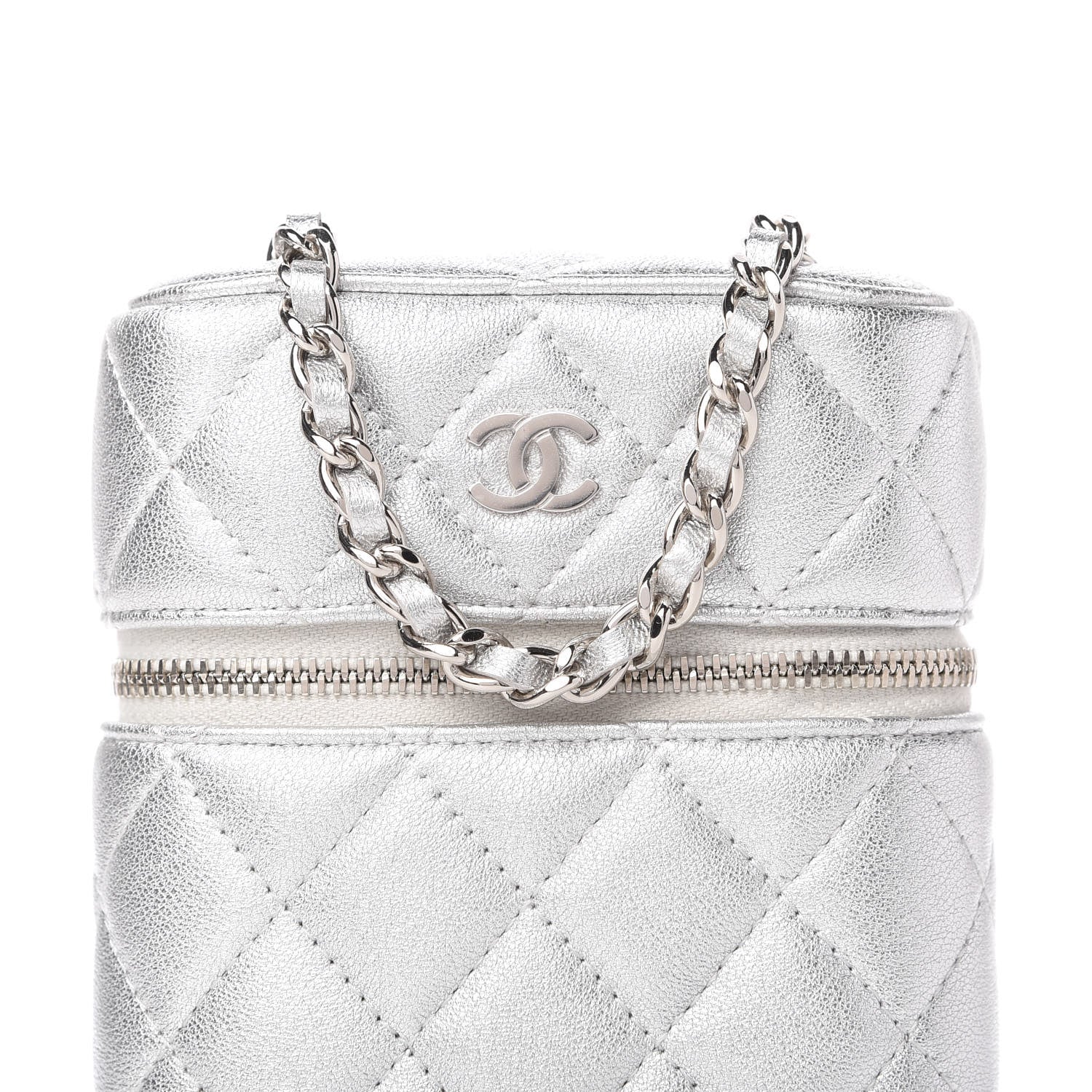 Chanel Metallic Lambskin Quilted Phone Holder With Chain Silver 10 of 10