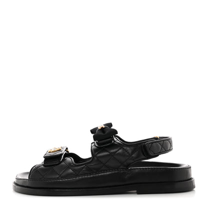 Chanel Lambskin Velcro CC Pearl Bow Dad Sandals 39 Black 1 of 12