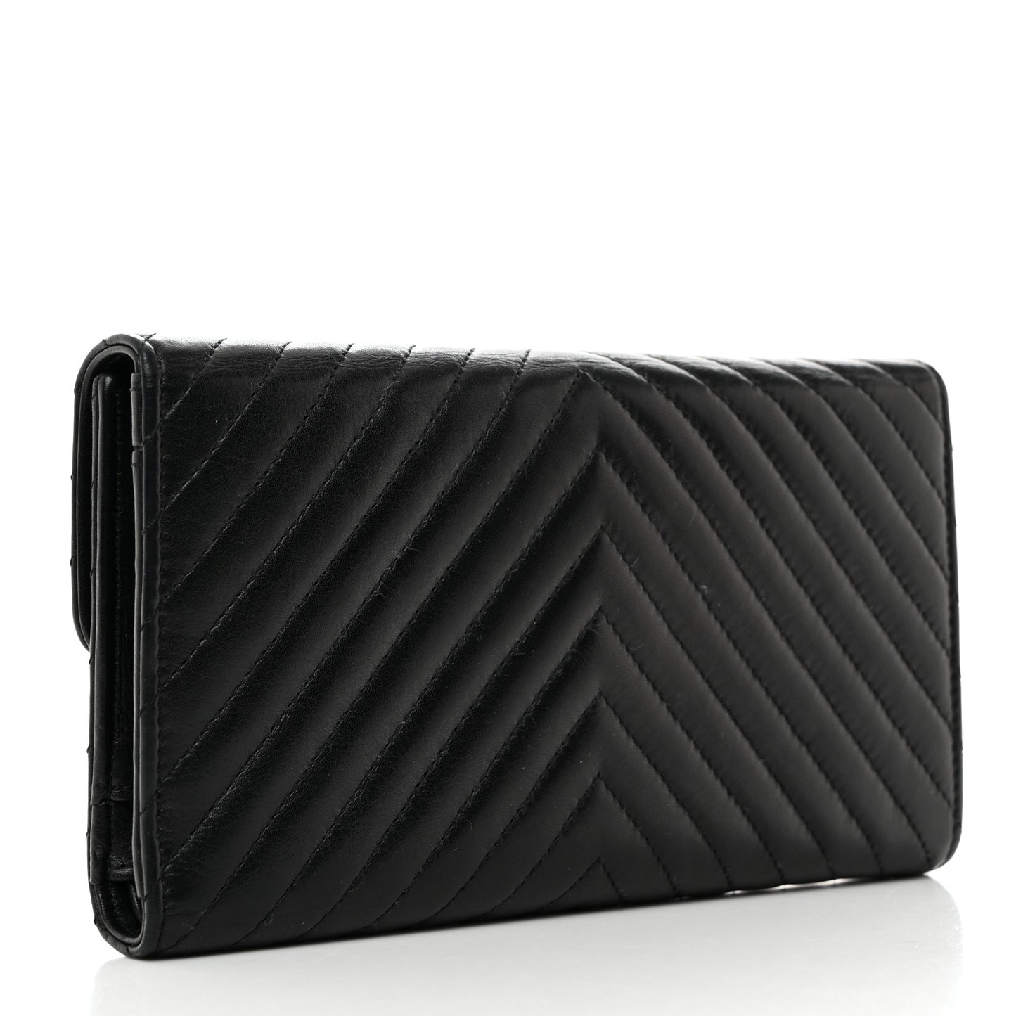 Lambskin Chevron Quilted Large Flap Clutch Wallet Black