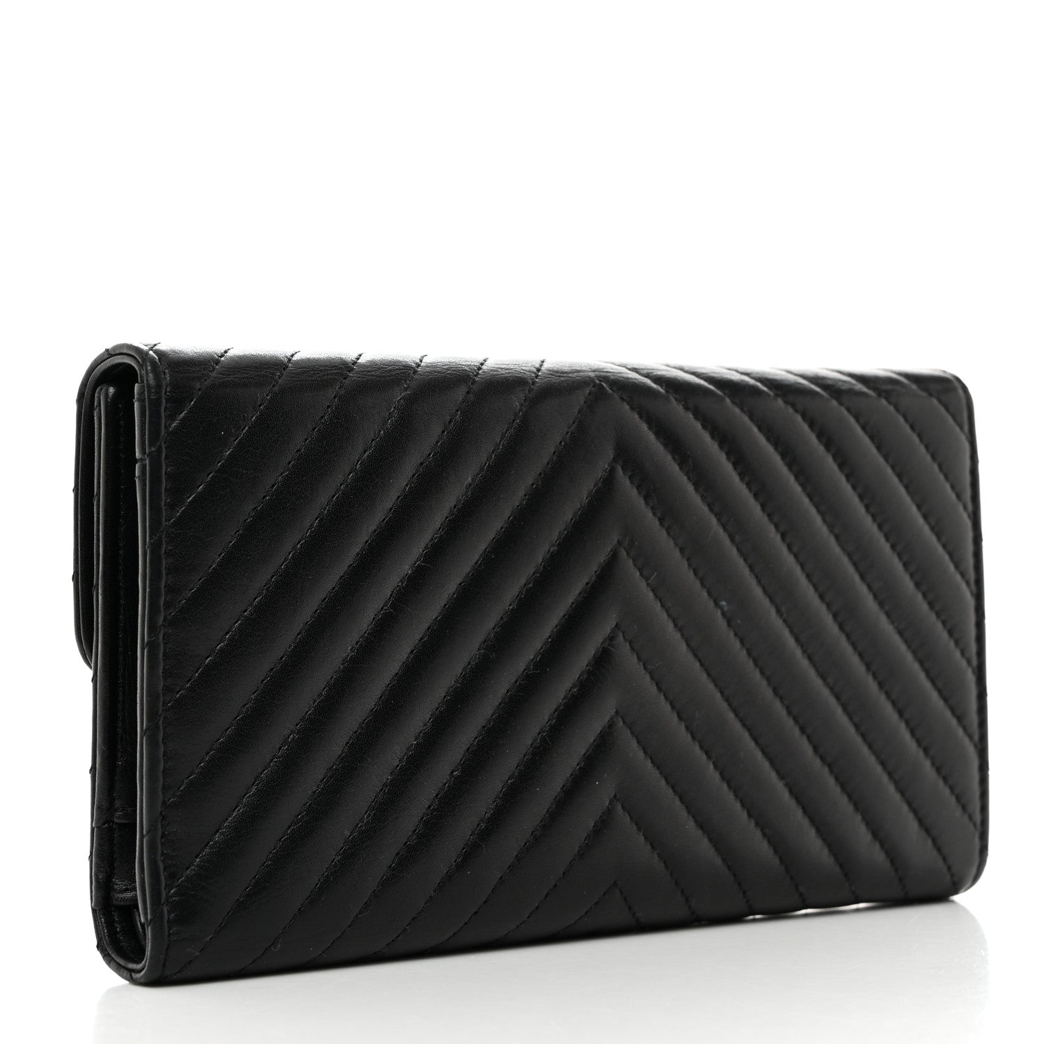 Chanel Lambskin Chevron Quilted Large Flap Clutch Wallet Black 3 of 8
