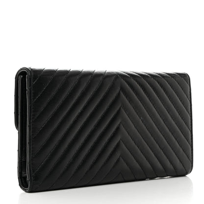 Chanel Lambskin Chevron Quilted Large Flap Clutch Wallet Black 3 of 8
