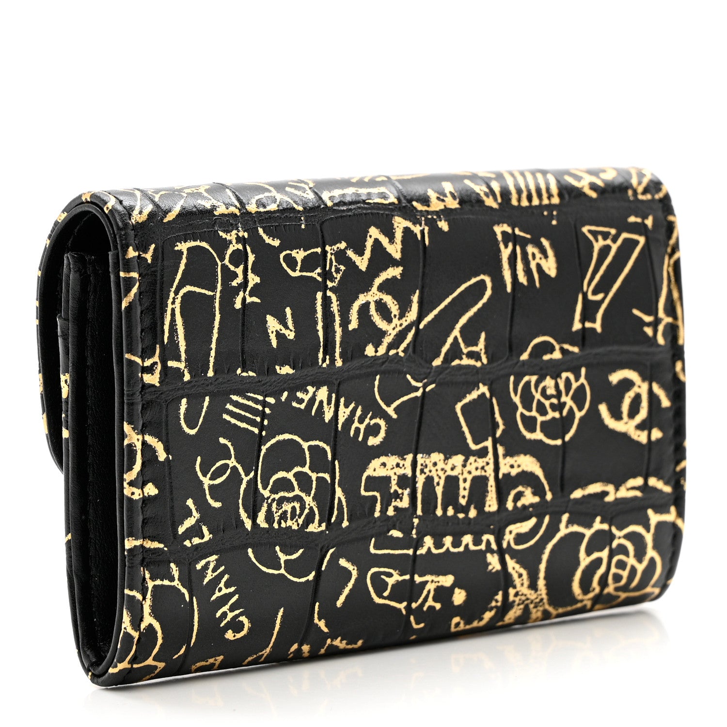 Chanel Calfskin Crocodile Embossed Graffiti 2.55 Cocodile Reissue Flap Card Holder Black Gold 3 of 8