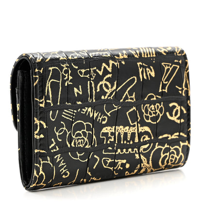 Chanel Calfskin Crocodile Embossed Graffiti 2.55 Cocodile Reissue Flap Card Holder Black Gold 3 of 8