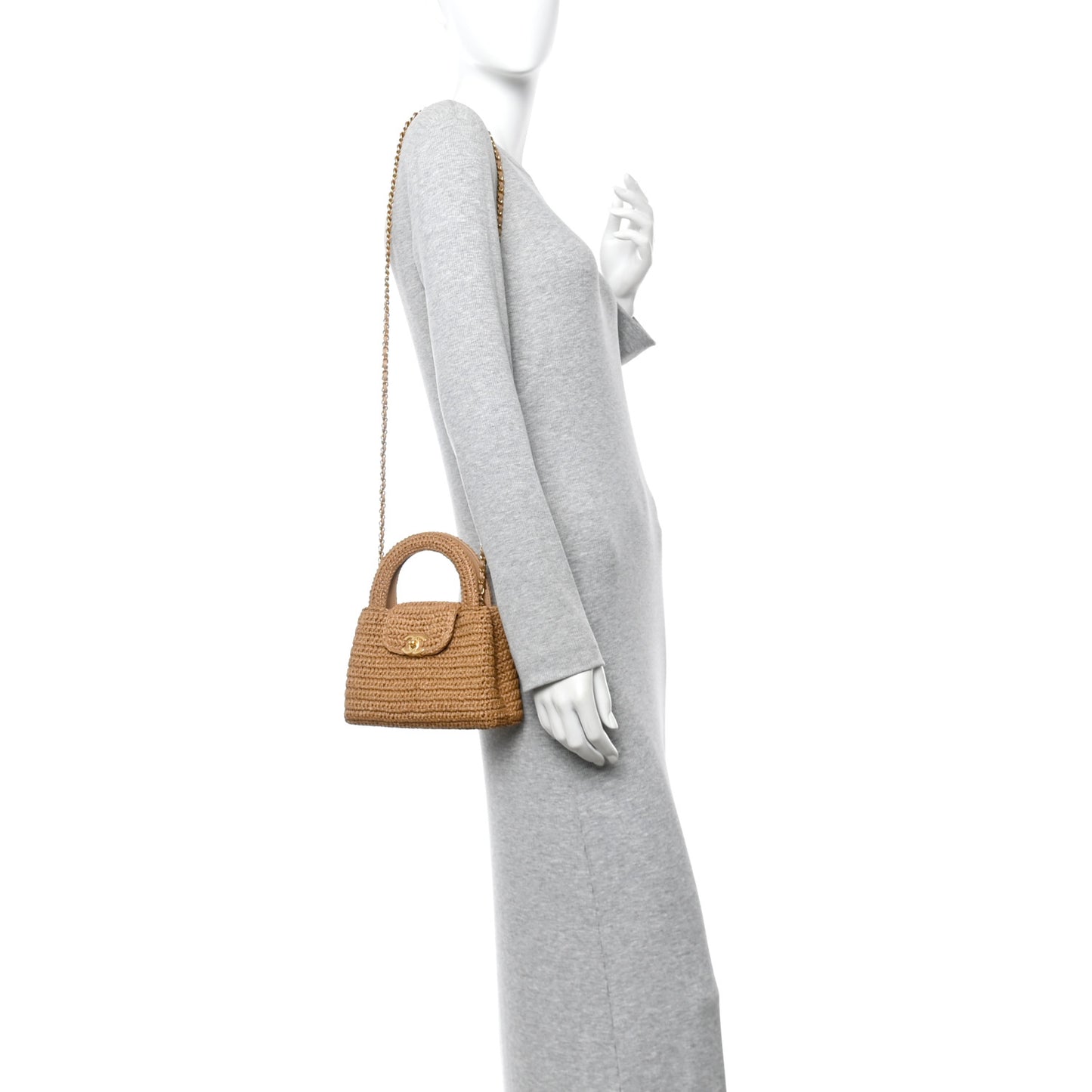 Braided Raffia Nano Kelly Flap Bag Dark Beige