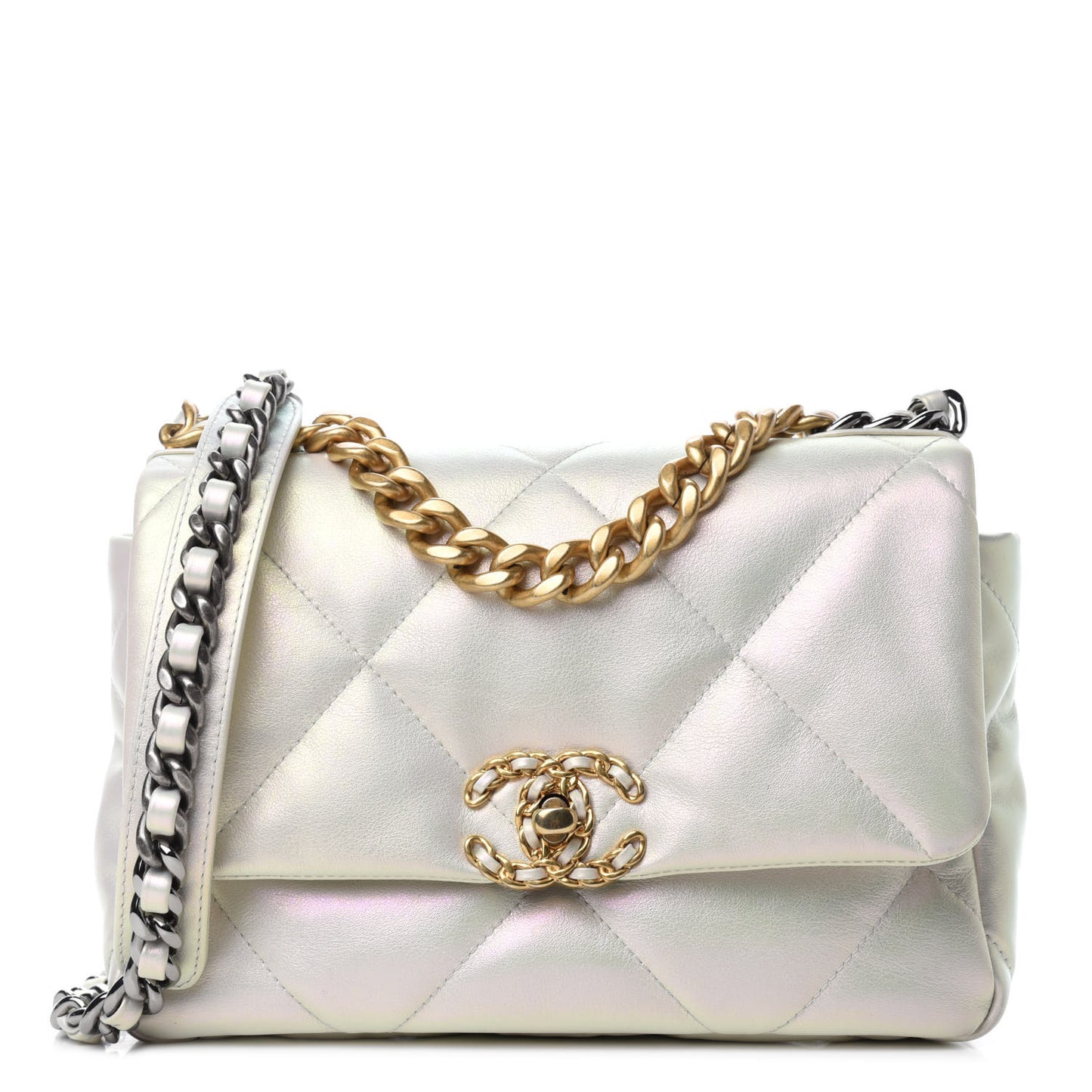 Iridescent Calfskin Quilted Medium Chanel 19 Flap White