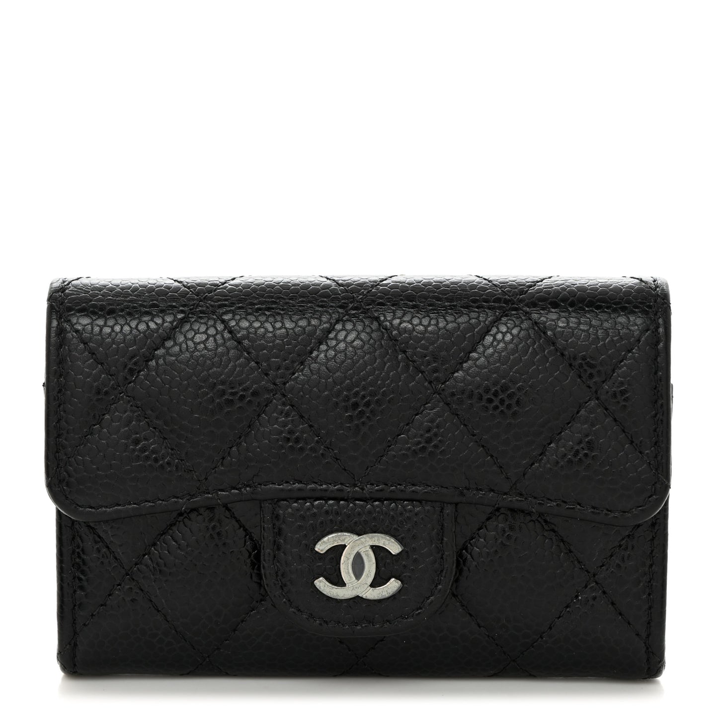 Caviar Quilted Flap Card Holder Wallet Black