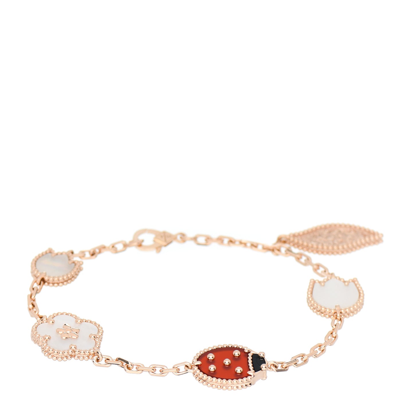 18K Rose Gold Carnelian Mother of Pearl Onyx 5 Motifs Lucky Spring Bracelet