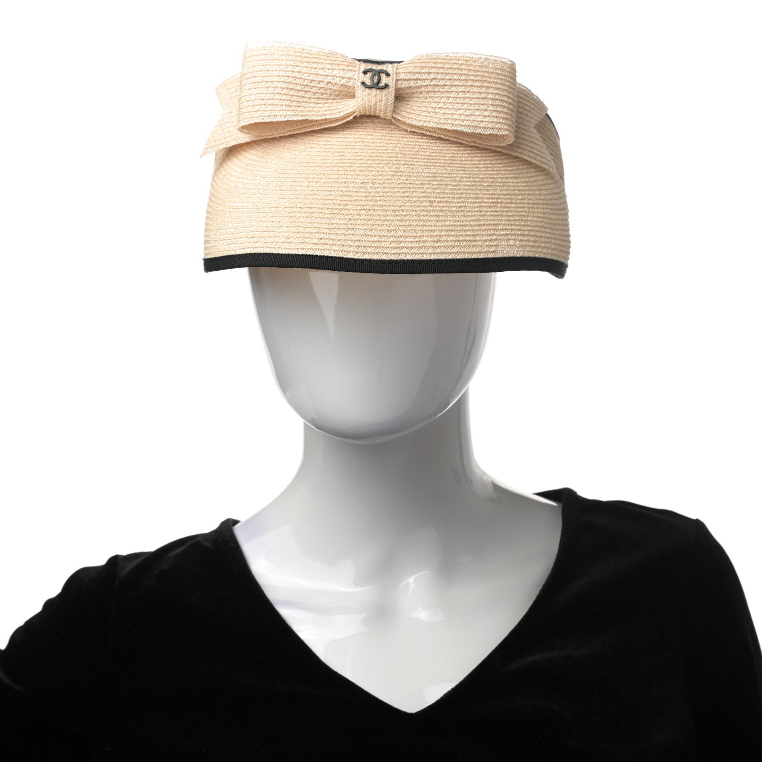 Chanel Straw Grosgrain Visor M Beige Black 1 of 9
