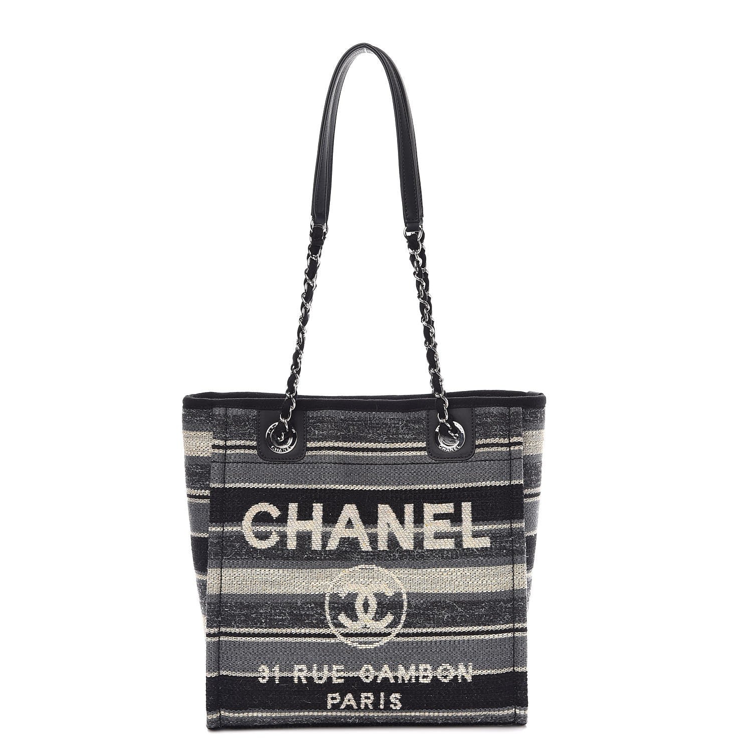 Chanel Striped Canvas Small Deauville Tote Grey Black 1 of 9
