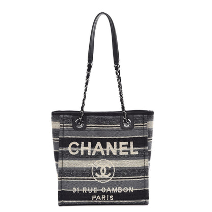 Chanel Striped Canvas Small Deauville Tote Grey Black 1 of 9