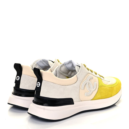 Chanel Nylon Calfskin Suede Womens CC Sneakers 39 Ivory Grey Yellow 4 of 8