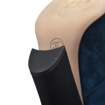 Chanel Suede Grosgrain Pearl Lace Up Booties 37 Dark Blue Black 15 of 16