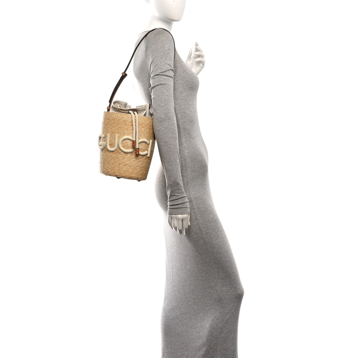 Straw Calfskin Small Logo Bucket Bag Natural Tan