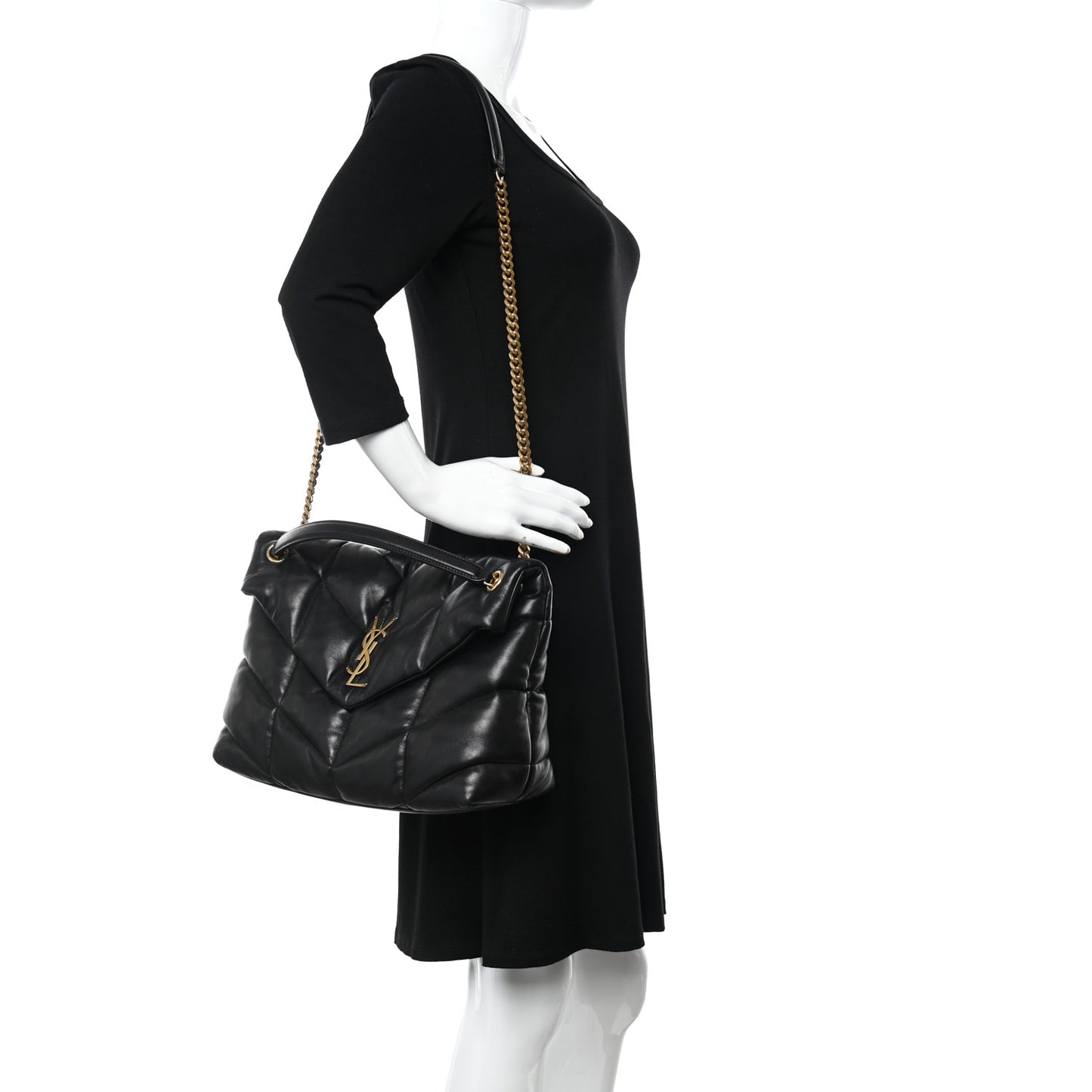 Lambskin Quilted Medium Loulou Puffer Monogram Chain Satchel Black