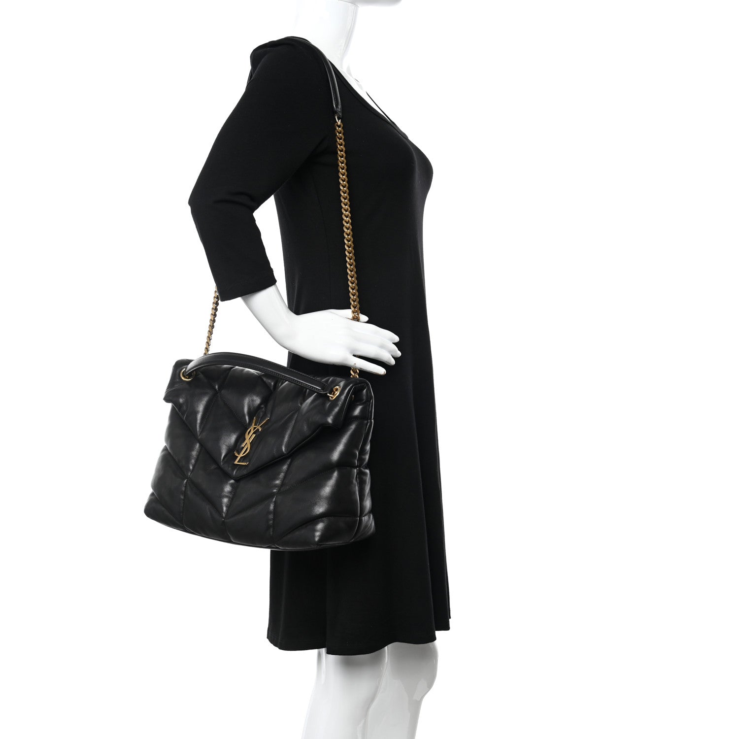 Saint Laurent Lambskin Quilted Medium Loulou Puffer Monogram Chain Satchel Black 2 of 11