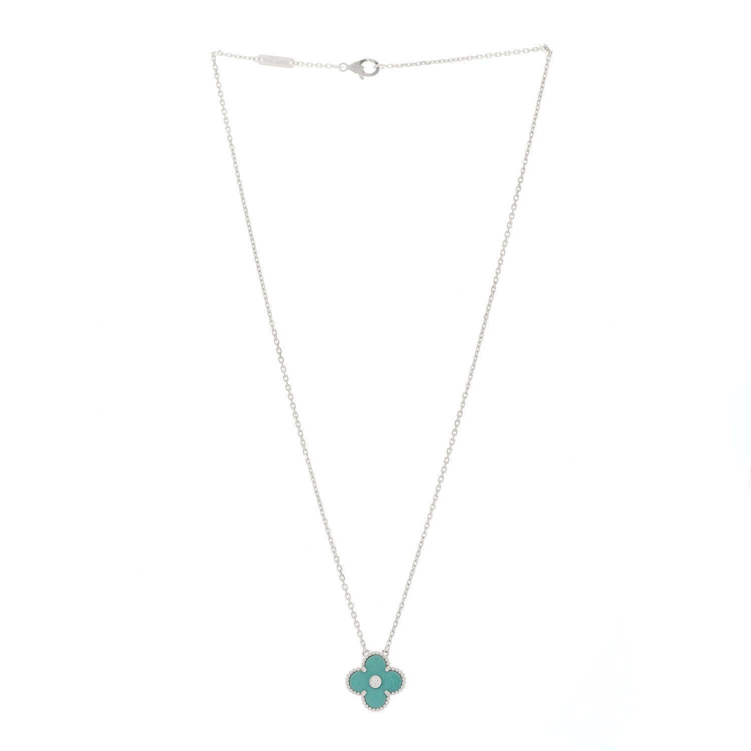 Van Cleef & Arpels 18K White Gold Diamond Celadon Green Sevres Porcelain Vintage Alhambra Pendant Necklace 4 of 6
