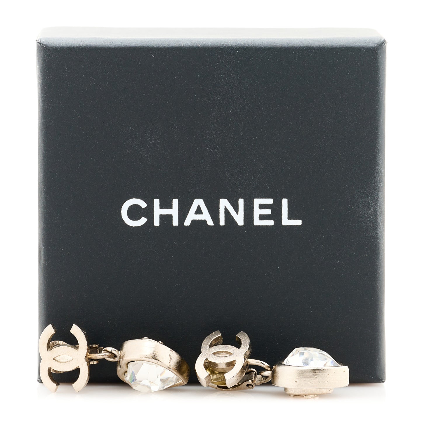 Crystal Heart CC Drop Clip On Earrings Silver