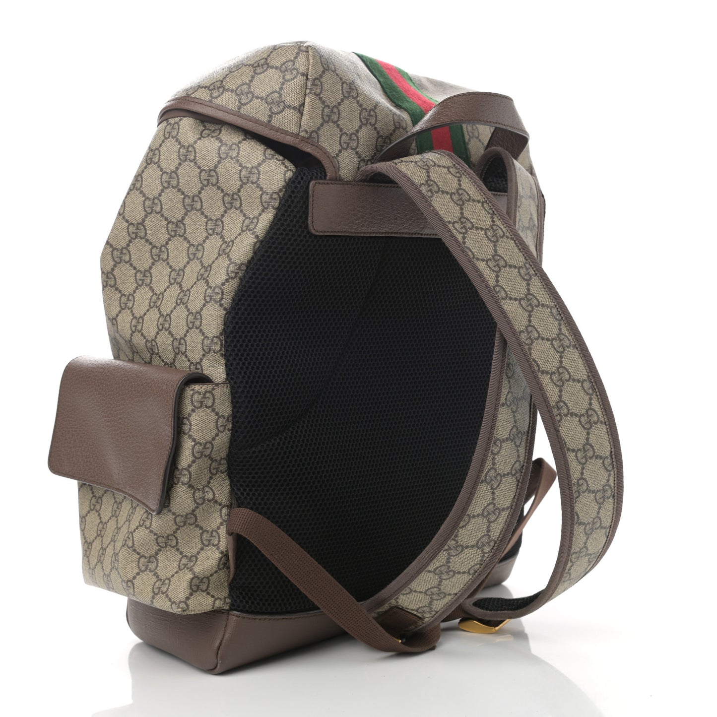 GG Supreme Monogram Medium Ophidia Double Buckle Backpack Brown