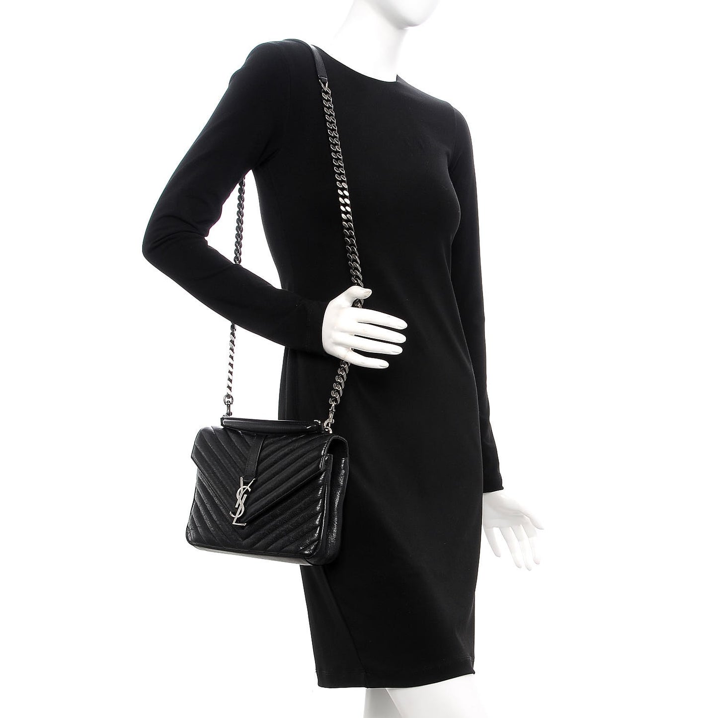 Sheepskin Matelasse Chevron Monogram Medium College Bag Black