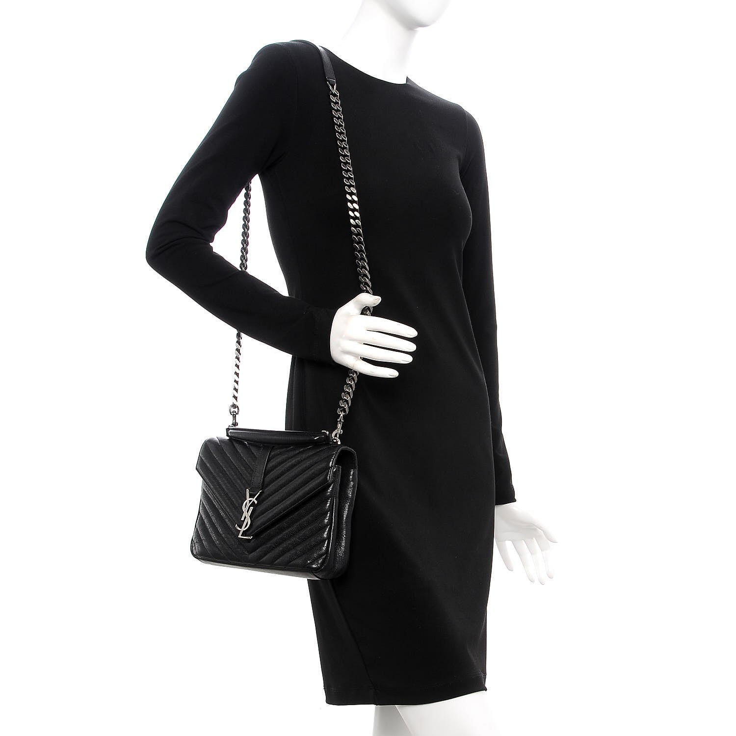 Saint Laurent Sheepskin Matelasse Chevron Monogram Medium College Bag Black 2 of 8