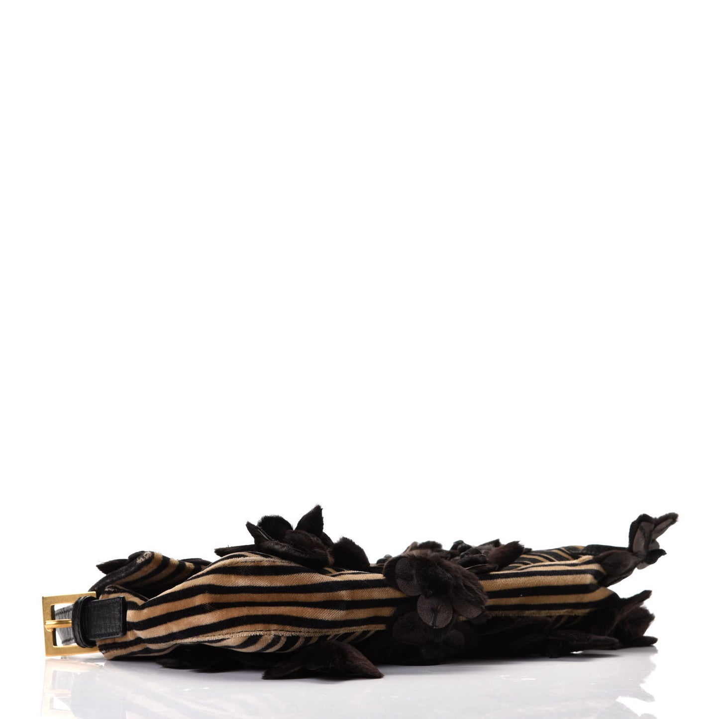 Velvet Striped Flower Applique Baguette Black Beige