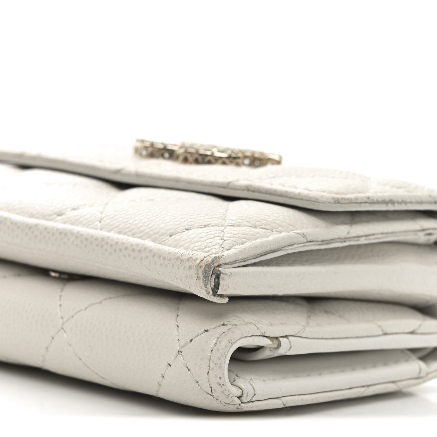 Caviar Quilted Crystal CC Small Flap Wallet White
