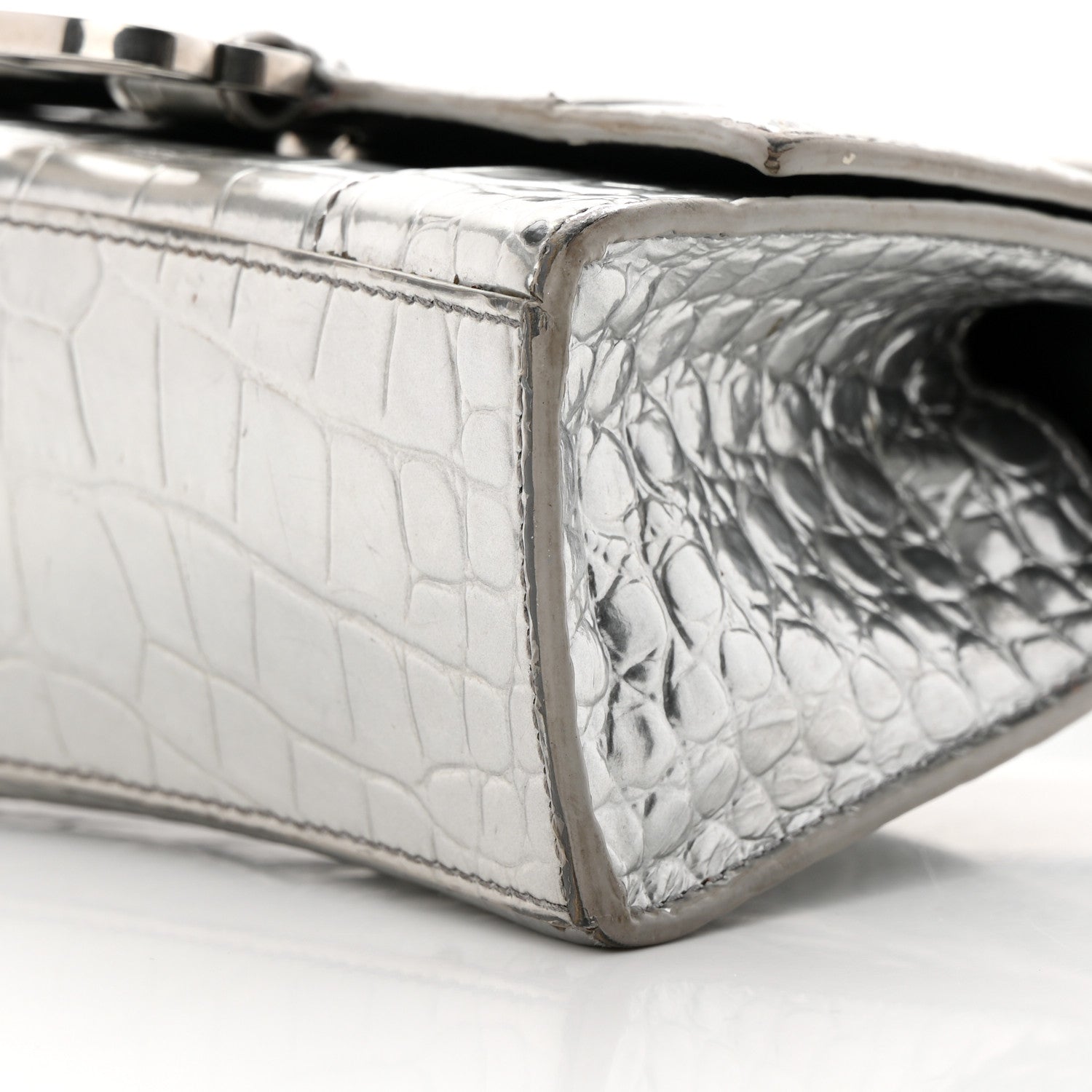 Balenciaga Metallic Calfskin Crocodile Embossed Hourglass Top Handle Bag XS Silver 10 of 27