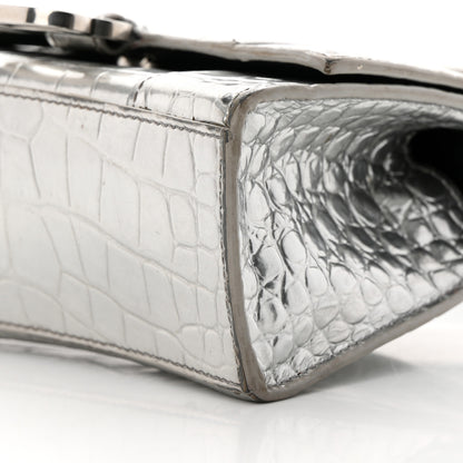 Balenciaga Metallic Calfskin Crocodile Embossed Hourglass Top Handle Bag XS Silver 10 of 27