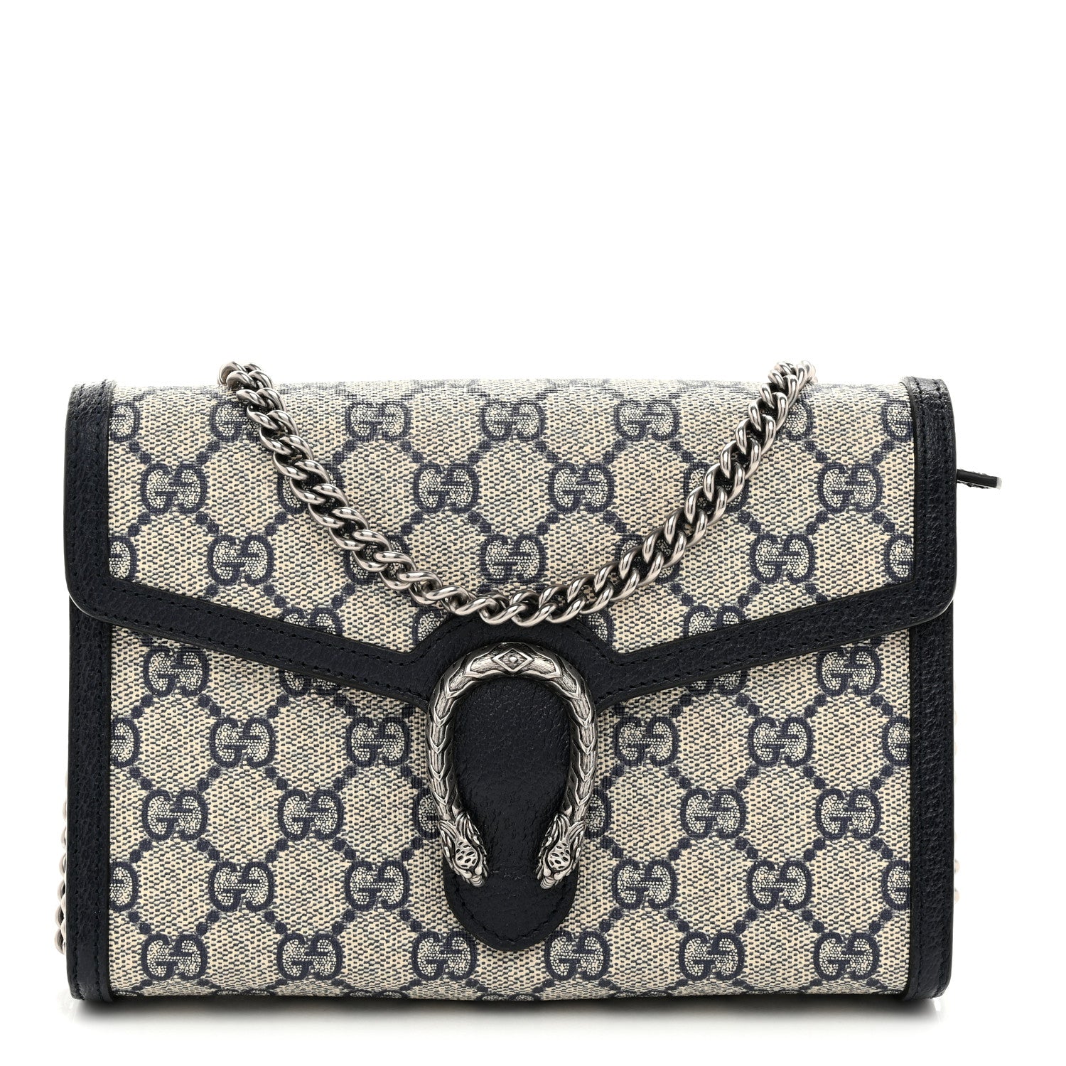 Gucci GG Supreme Monogram Textured Dollar Calfskin Mini Dionysus Chain Wallet Beige Blue 1 of 10