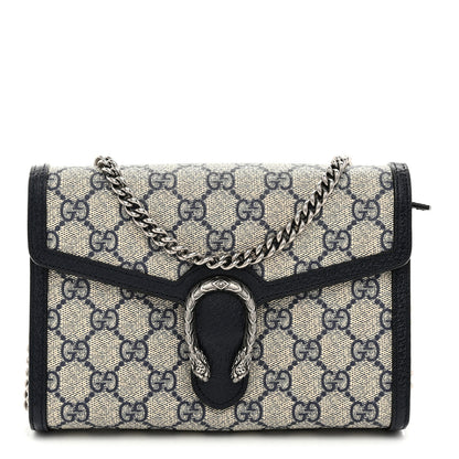 Gucci GG Supreme Monogram Textured Dollar Calfskin Mini Dionysus Chain Wallet Beige Blue 1 of 10