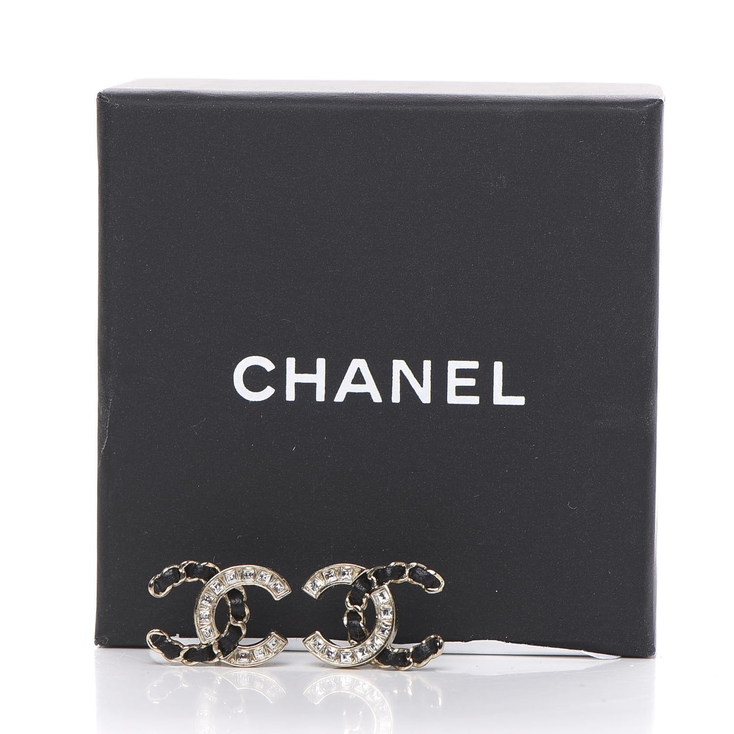 Crystal Baguette Lambskin Chain CC Vintage Allure Stud Earrings Black Gold
