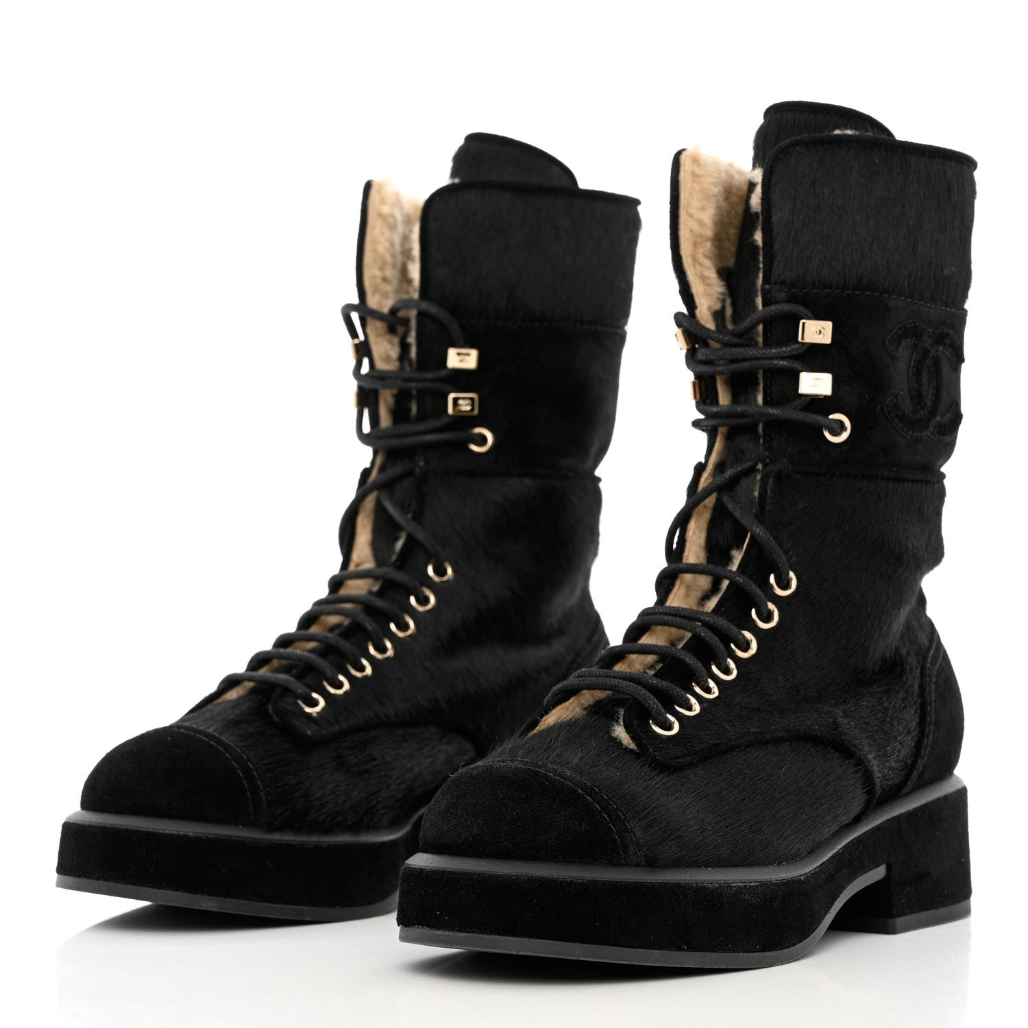 Chanel Suede Pony Hair Shearling Lace Up Combat Boots 35 Black White 4 of 13