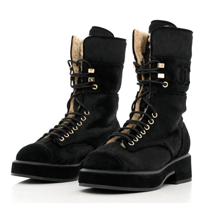 Chanel Suede Pony Hair Shearling Lace Up Combat Boots 35 Black White 4 of 13