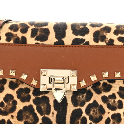Valentino Garavani Calfskin Canvas Leopard Print Medium Rockstud Flip Lock Crossbody Bag Tan 7 of 12