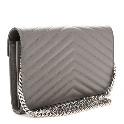 Saint Laurent Grain De Poudre Matelasse Chevron Monogram Chain Wallet Fog 3 of 11