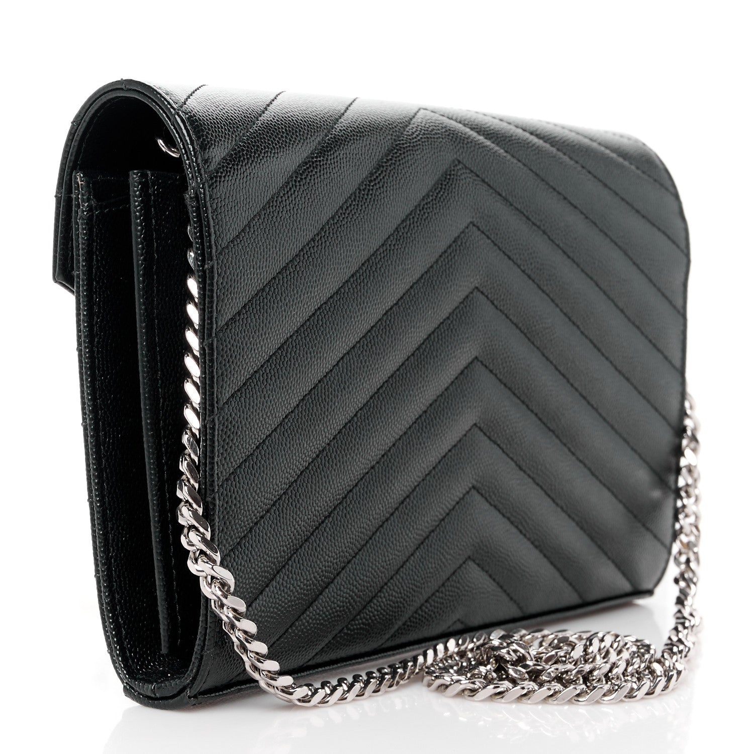 Saint Laurent Grain De Poudre Matelasse Chevron Monogram Chain Wallet Black 3 of 11