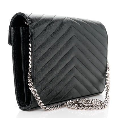Saint Laurent Grain De Poudre Matelasse Chevron Monogram Chain Wallet Black 3 of 11