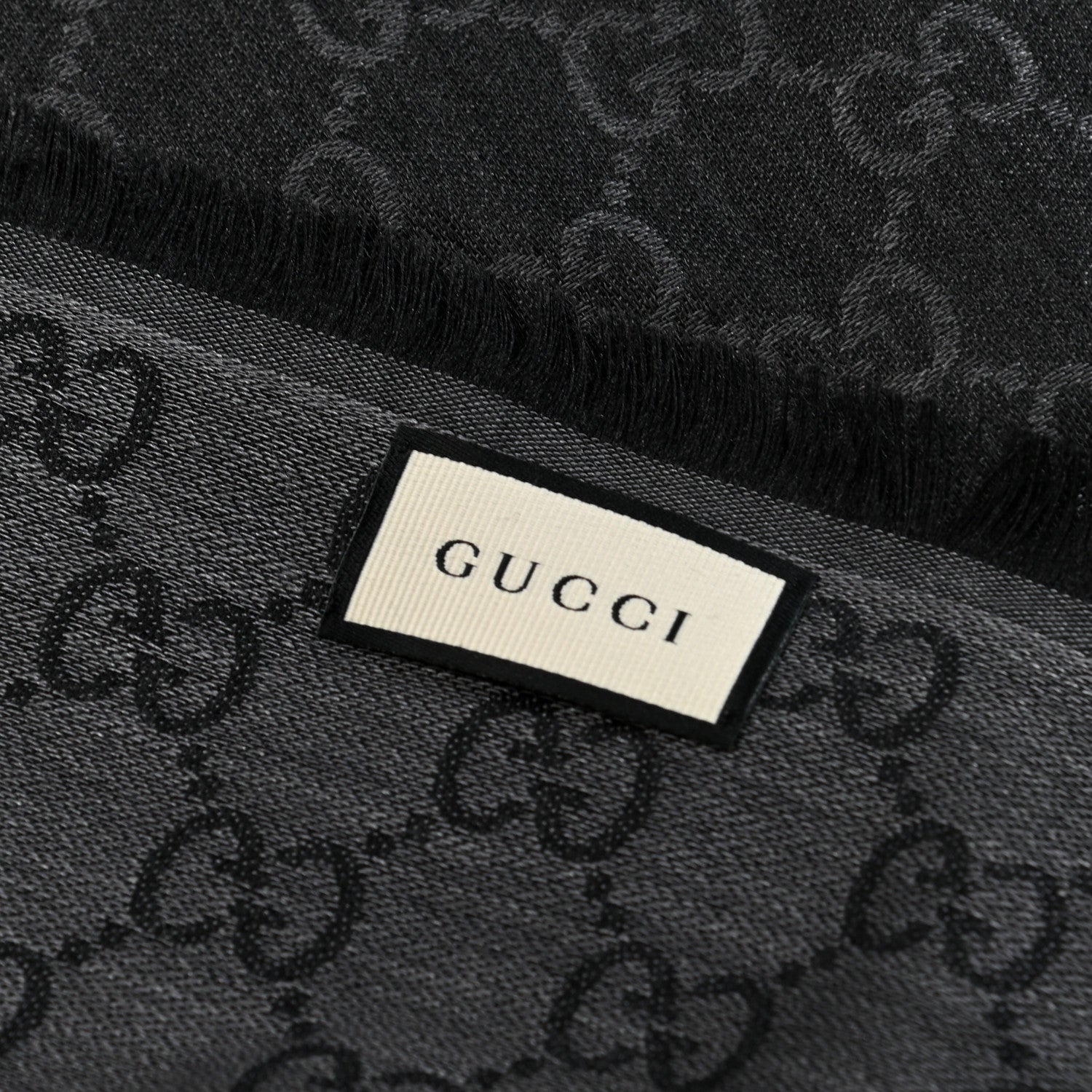 Gucci Wool Silk Monogram GGWeb Fringe Shawl Black Medium Grey 2 of 3