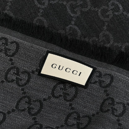 Gucci Wool Silk Monogram GGWeb Fringe Shawl Black Medium Grey 2 of 3